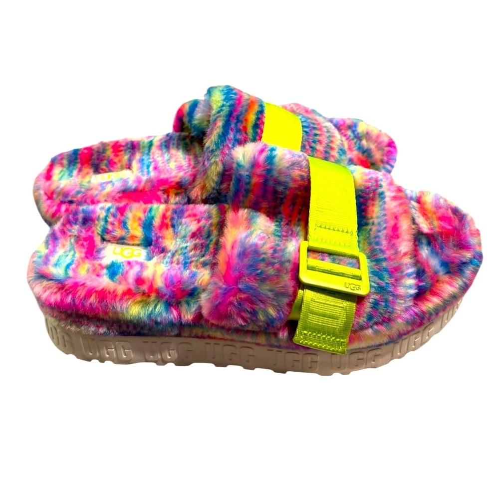 Ugg Multi Colored FURRY Slipper Slide Slip On Shoe Logo Womens Size 8